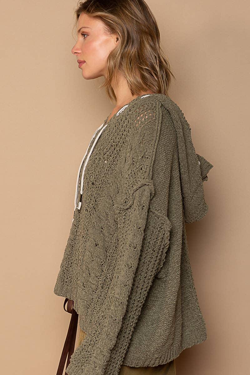 Oversize fit v-neck hooded cable knit chenille sweater