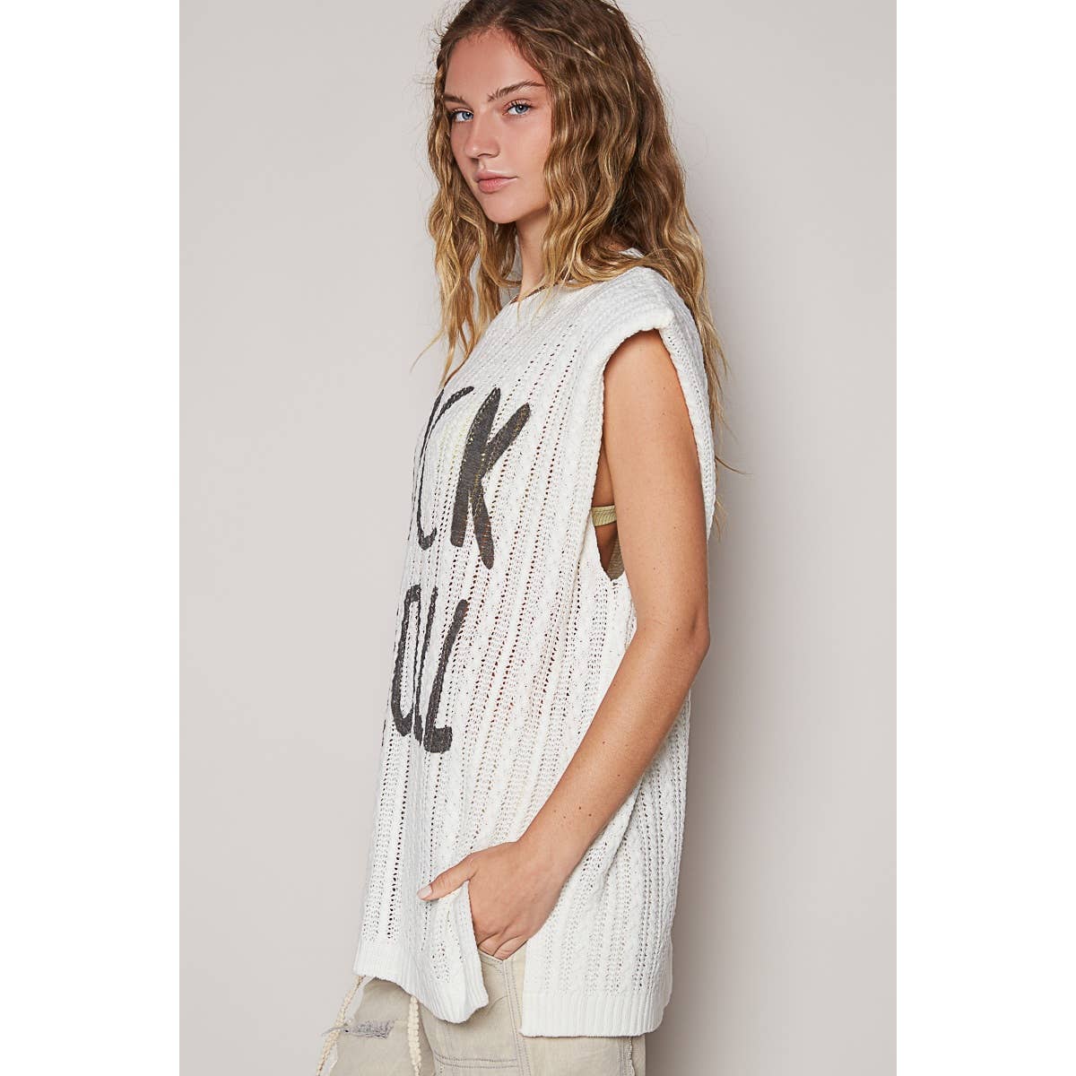 Graphic lettering round sleeveless top