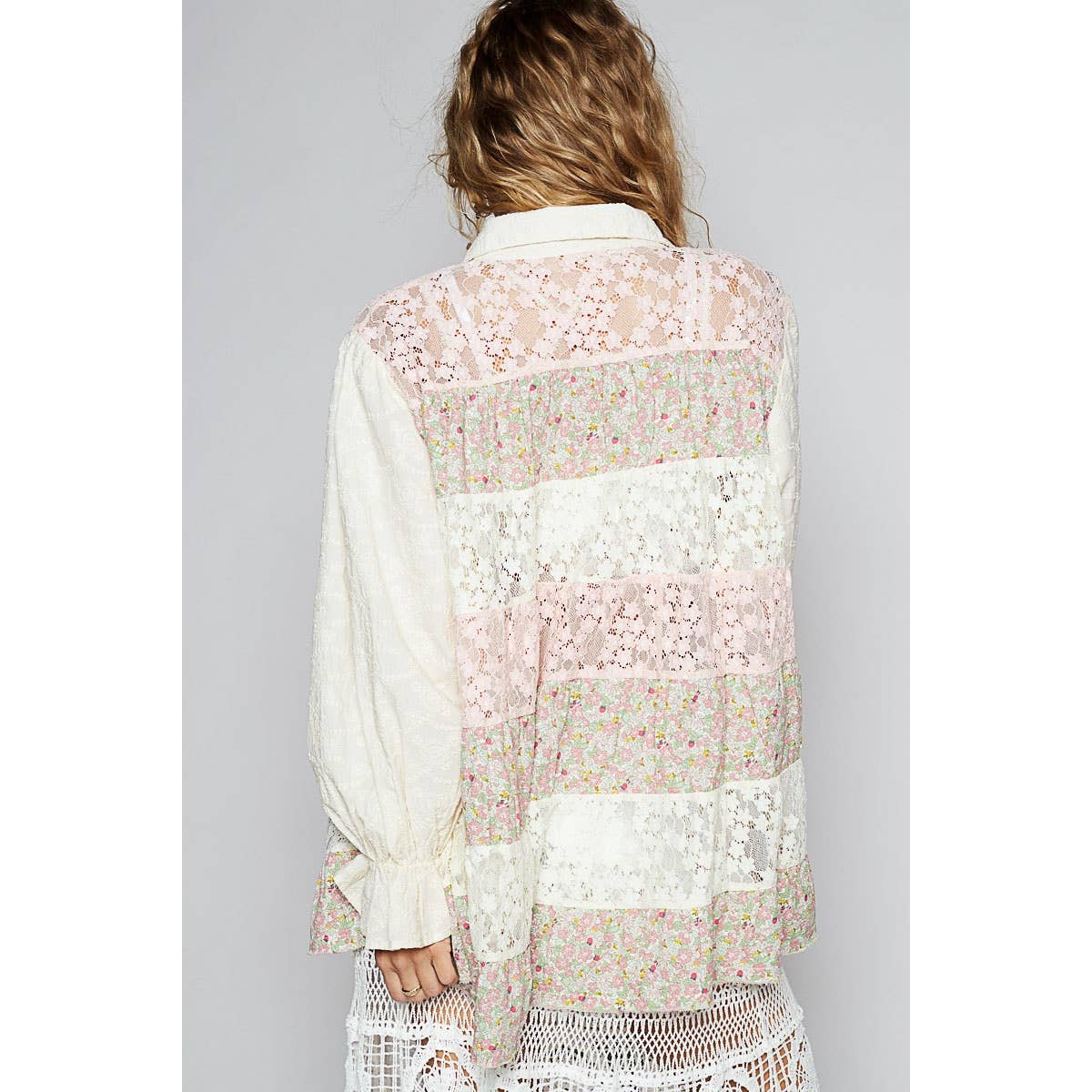 POL Balloon sleeve floral print lace patch shirt dress