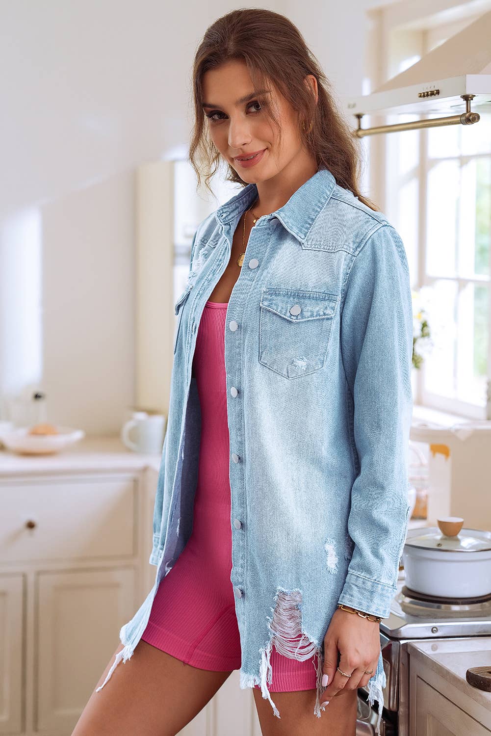 Light Wash Distressed Frayed Long Denim Jacket