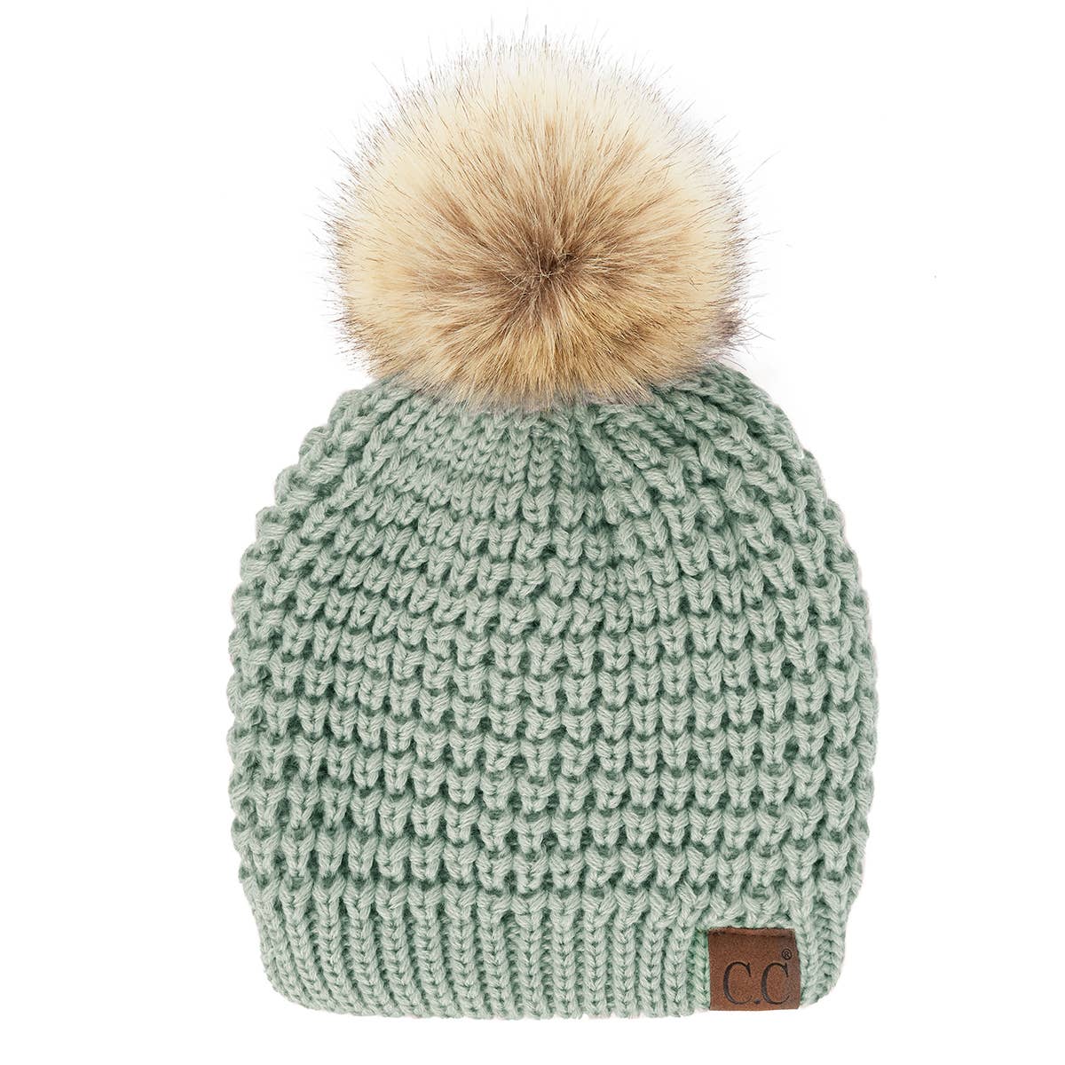 CC Cable Knit Faux Fur Pom Pom Beanie Hat