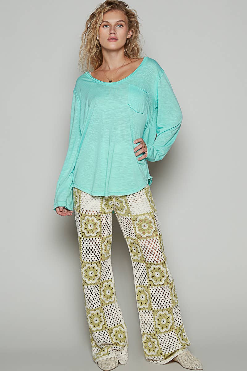 Pocket front long sleeve boat neck slub knit tee SALE