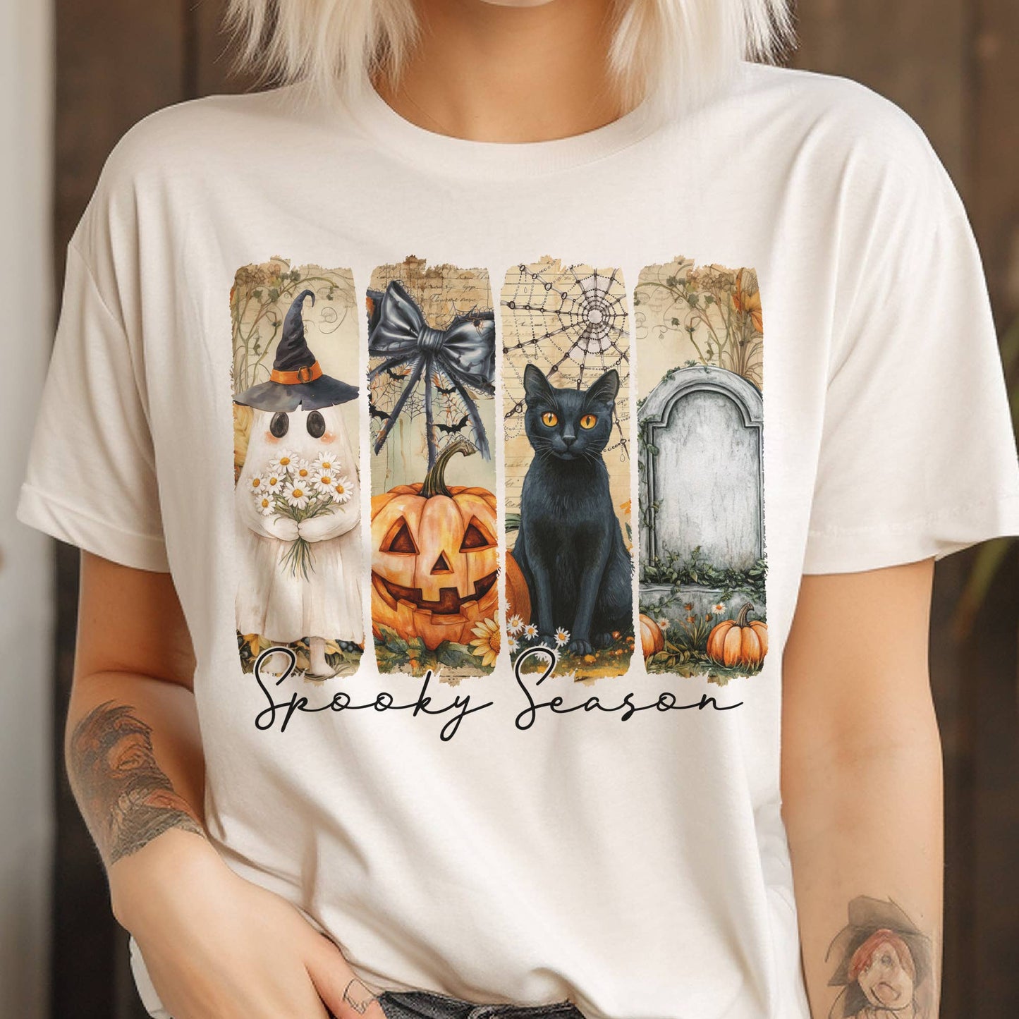 Halloween Spooky Season Black Cat Pumpkin Panel Graphic Tee