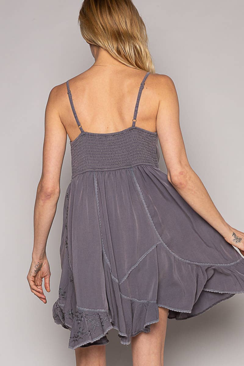POL embroidery back smocking mini dress