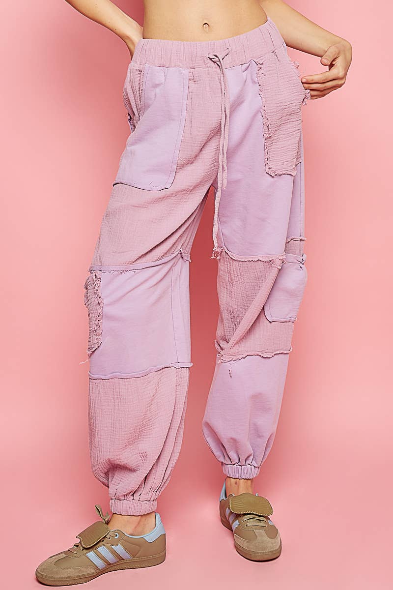 Contrast gauze open cargo pockets elastic waist joggers