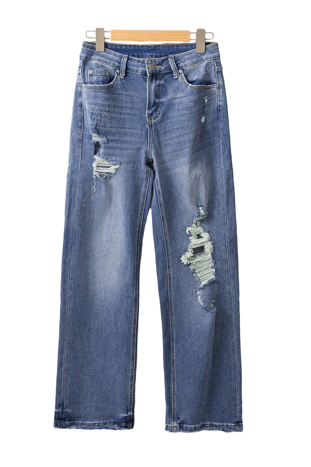 Blue Distressed Hem Straight Leg Denim Jeans