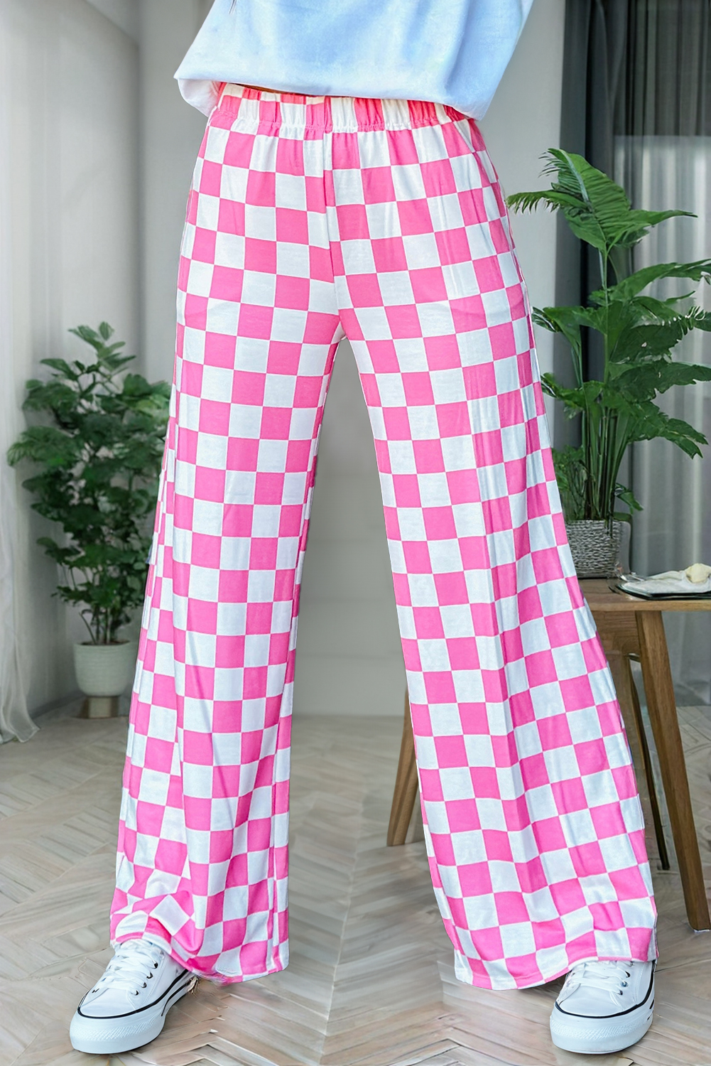 PINK/WHT Checked Print Wide Leg Pants