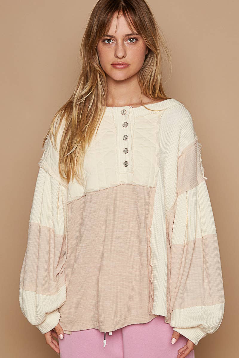 Round Neck Balloon Sleeve Thermal Contrast Knit Top