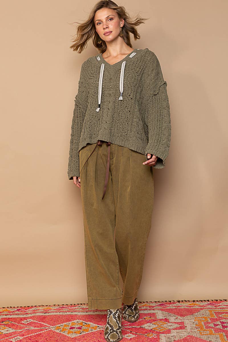 Oversize fit v-neck hooded cable knit chenille sweater