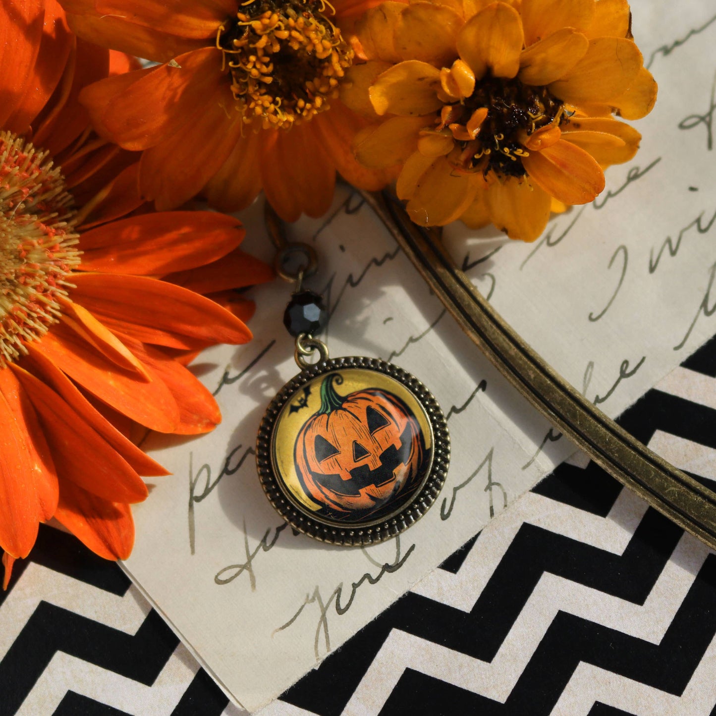 Retro Jack O Lantern with Bat Bronze Halloween Bookmark