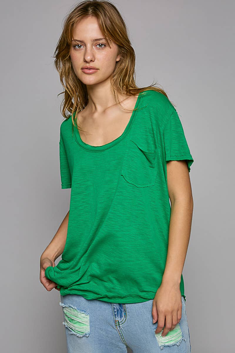POL Scoop Neck Rayon Slub Tee with Pocket Front and Short Sleeve