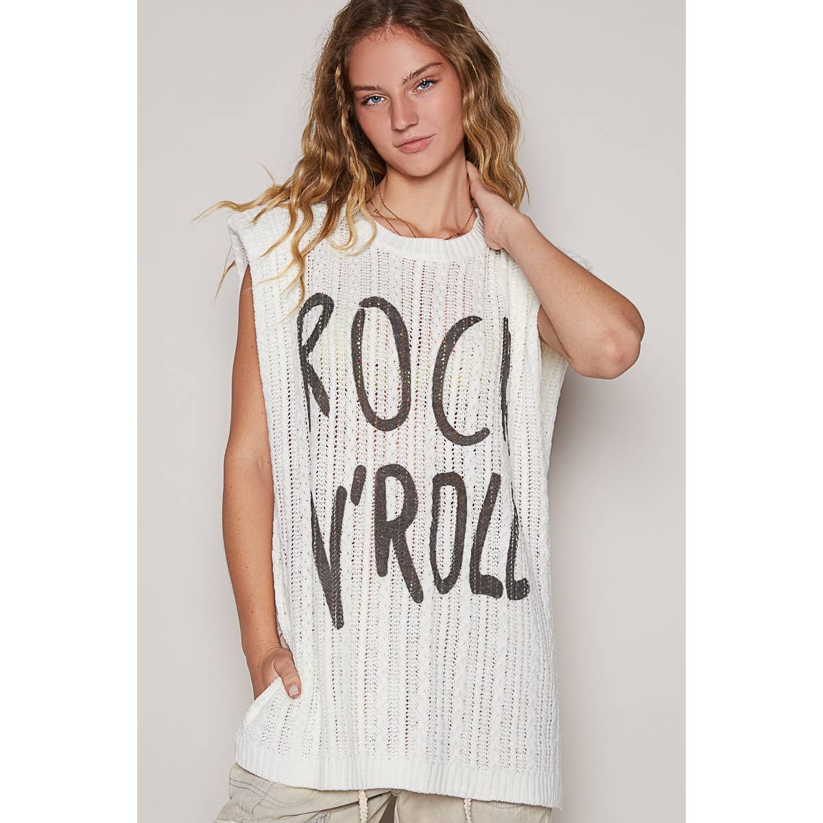 Graphic lettering round sleeveless top