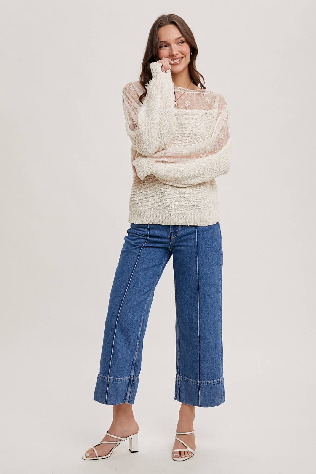 BOAT NECK LACE TRIMMED KNIT SWEATER