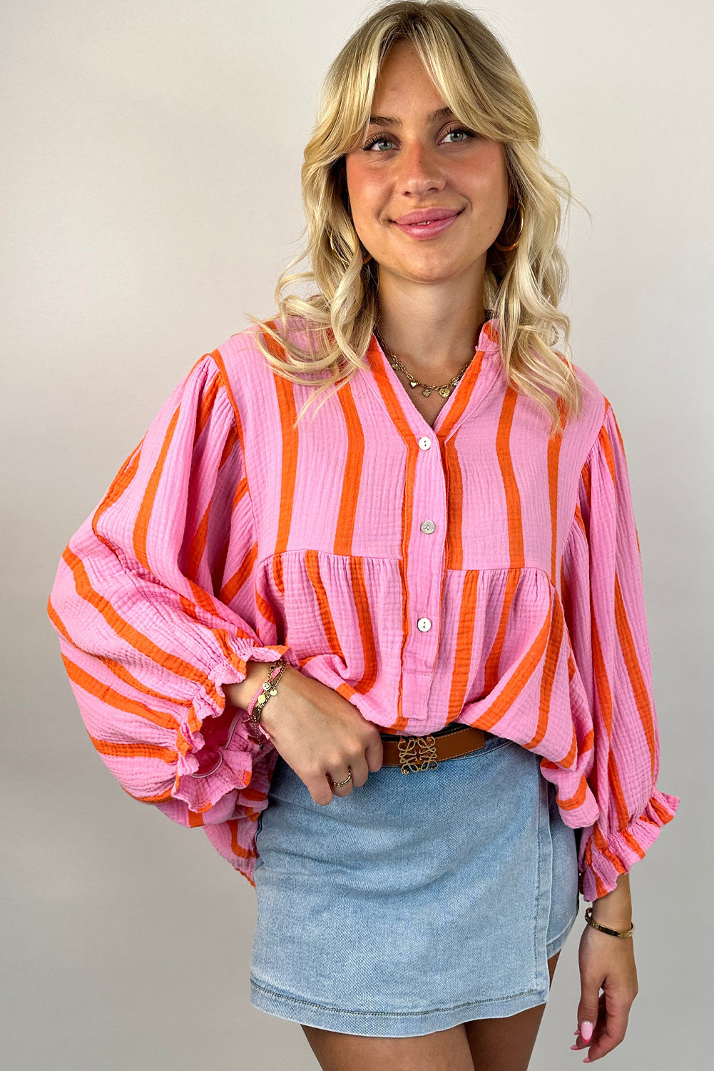 Sky Blue Stripe Crinkled Ruffled Sleeve Button Up Loose Shirt