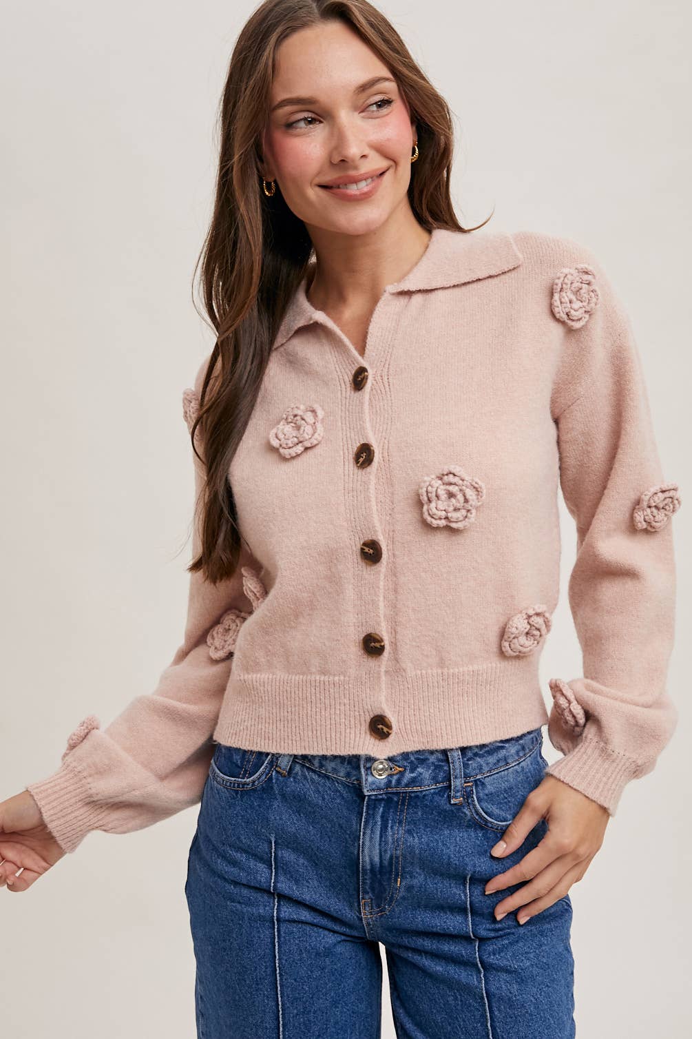 BLUIVY FLORAL EMBROIDERY BUTTON DOWN COLLAR KNIT CARDIGAN
