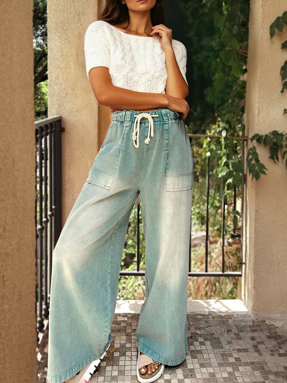 Mineral Wash Drawstring High Waist Wide Leg Jeans