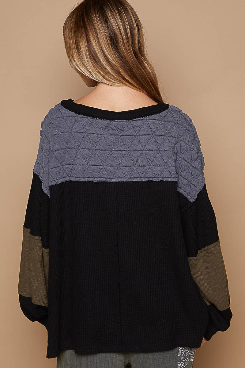 Round Neck Balloon Sleeve Thermal Contrast Knit Top