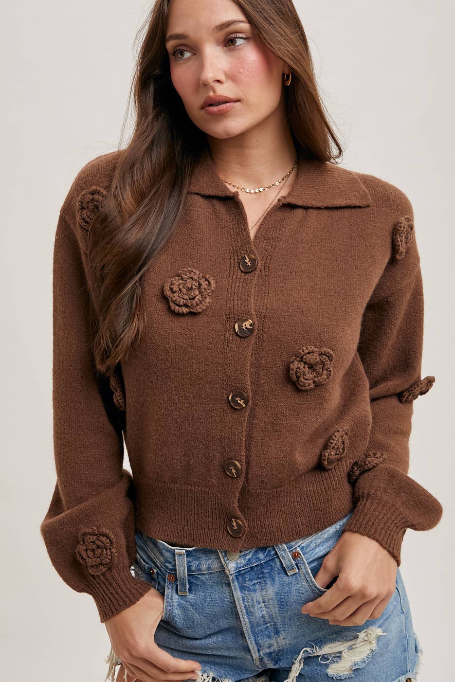 BLUIVY FLORAL EMBROIDERY BUTTON DOWN COLLAR KNIT CARDIGAN