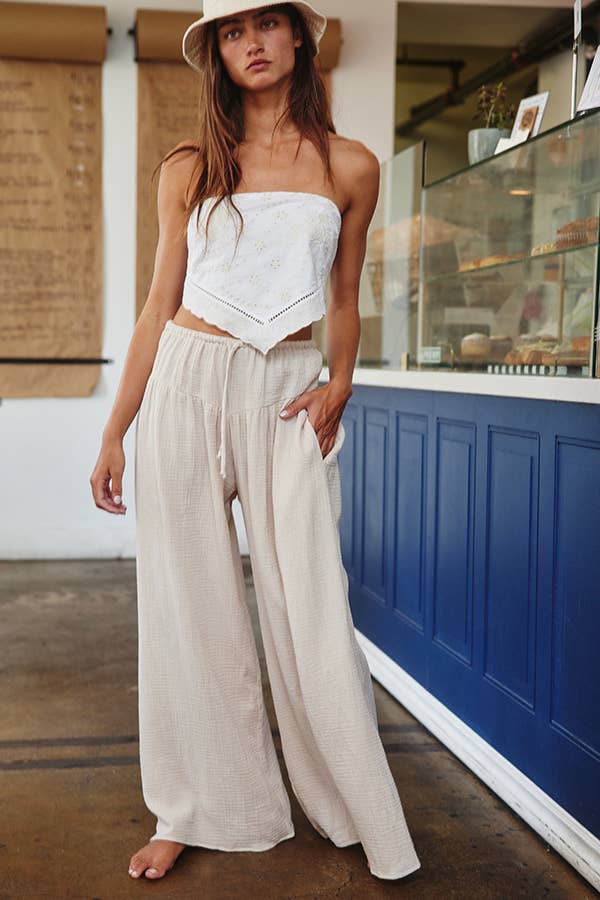 Bucketlist Wide Leg Flattering Drape Solid Cotton Gauze Pants