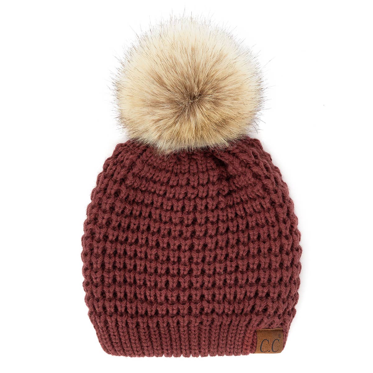 CC Cable Knit Faux Fur Pom Pom Beanie Hat