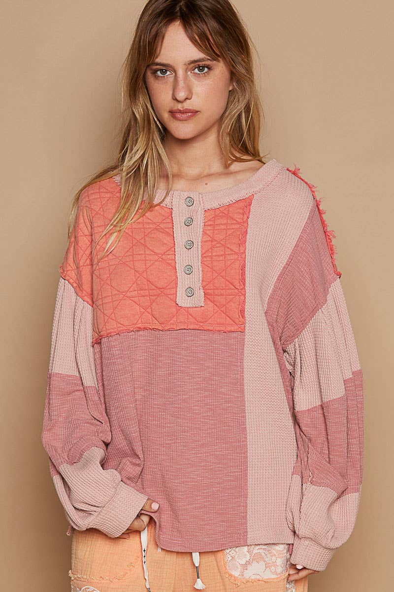 Round Neck Balloon Sleeve Thermal Contrast Knit Top