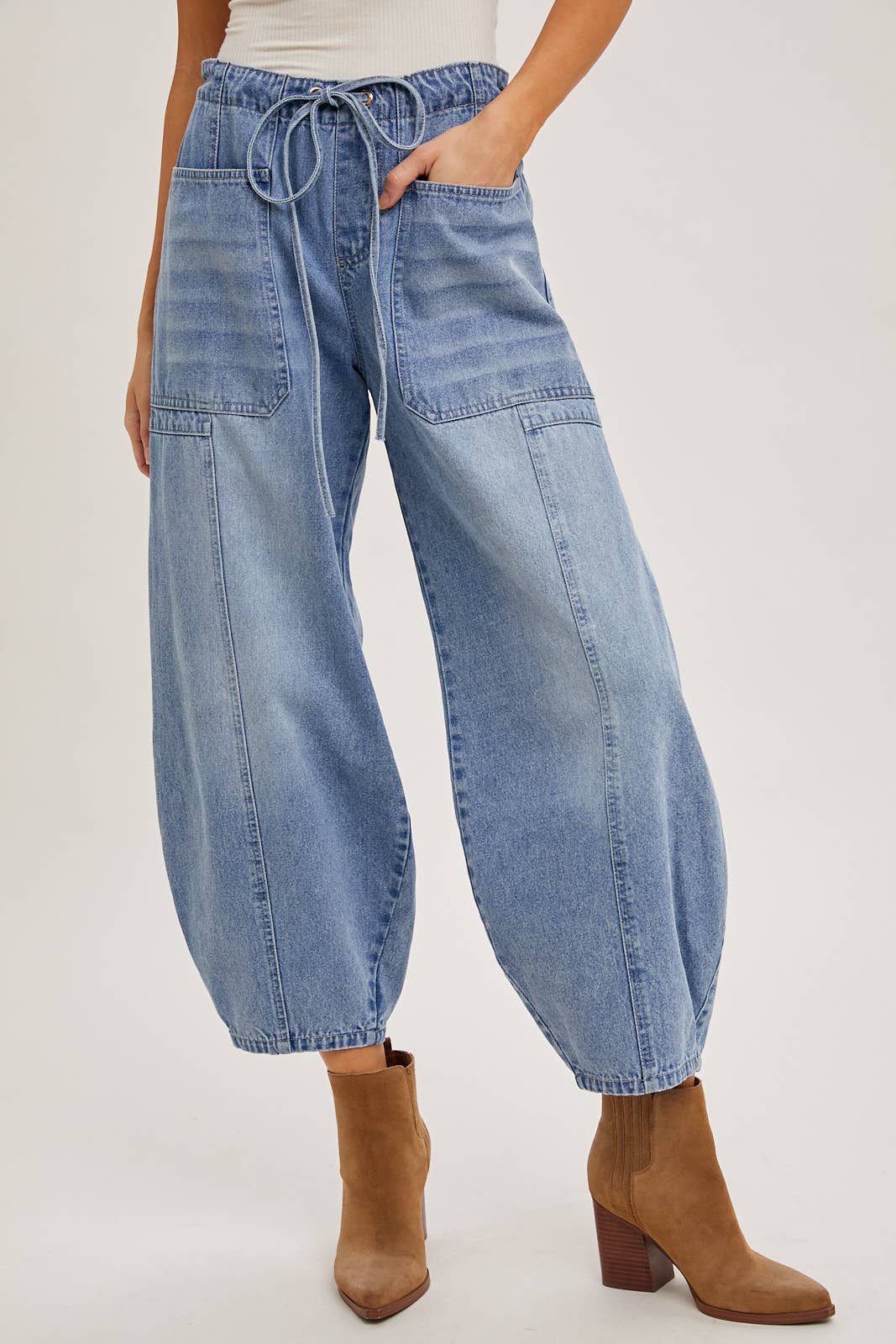 Bluivy DENIM MID-WAIST DRAWSTRINGS BARREL JEANS