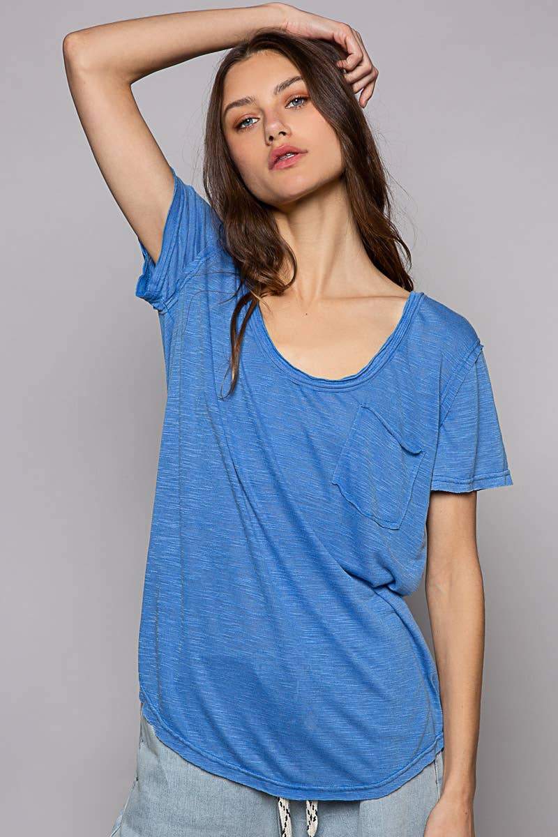 POL Scoop Neck Rayon Slub Tee with Pocket Front and Short Sleeve