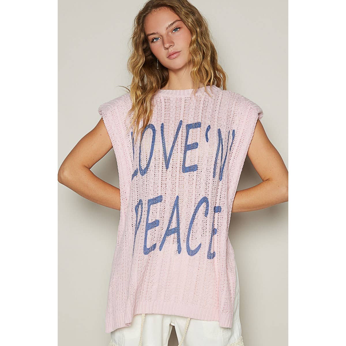 Graphic lettering round sleeveless top