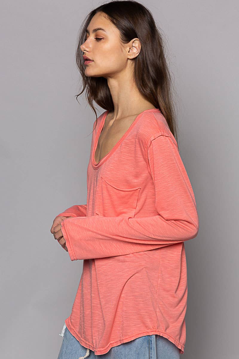 Pocket front long sleeve boat neck slub knit tee SALE