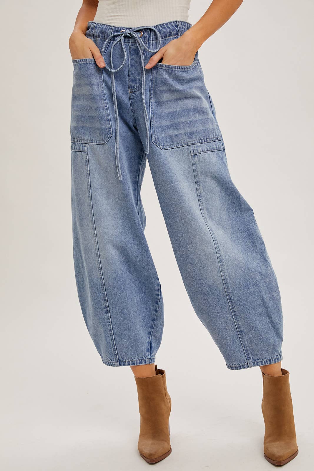 Bluivy DENIM MID-WAIST DRAWSTRINGS BARREL JEANS