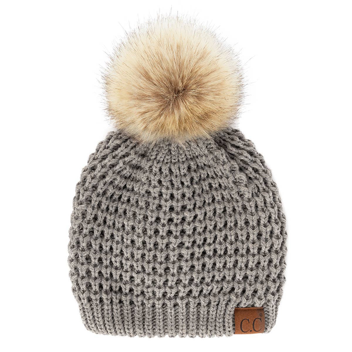 CC Cable Knit Faux Fur Pom Pom Beanie Hat