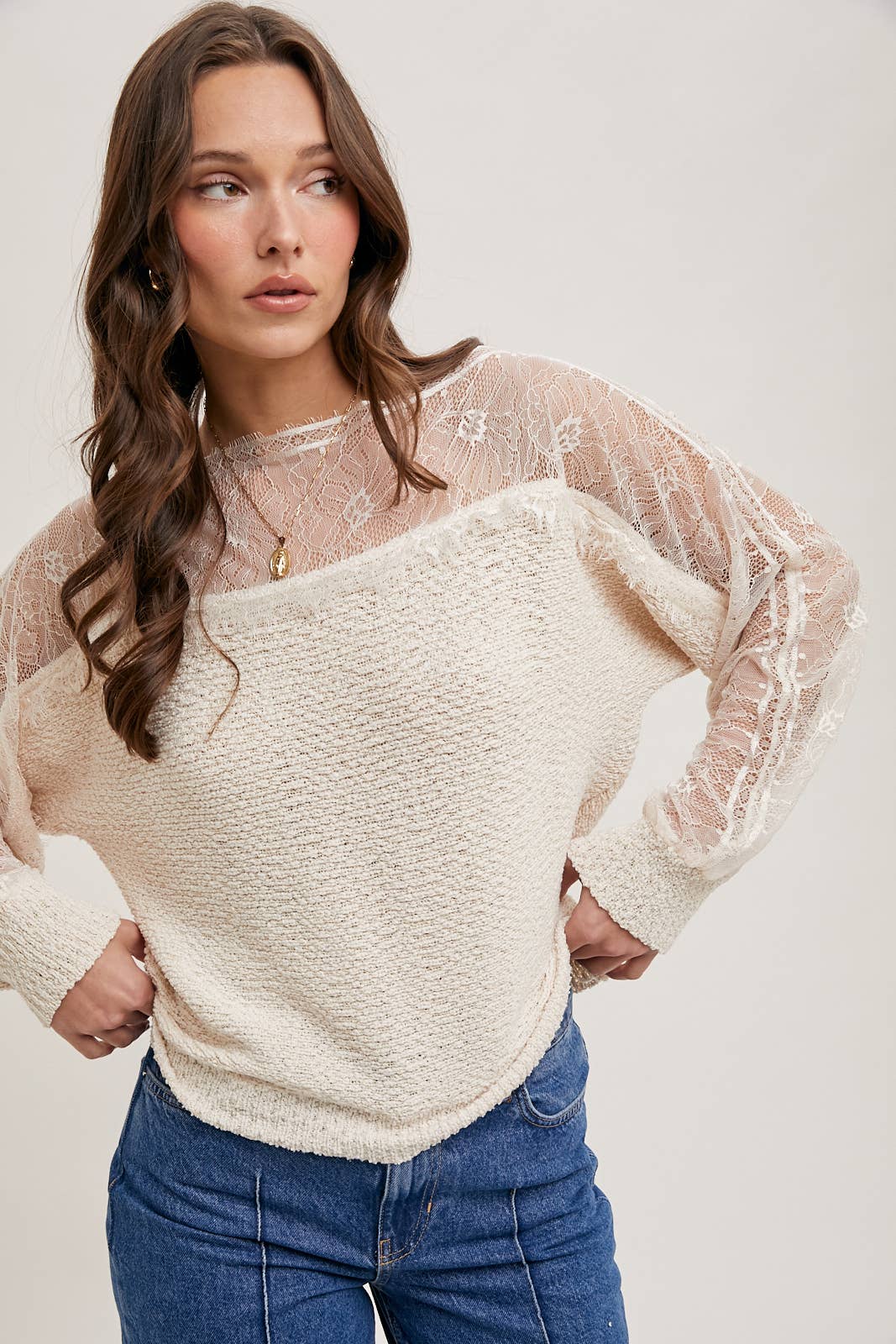 BOAT NECK LACE TRIMMED KNIT SWEATER