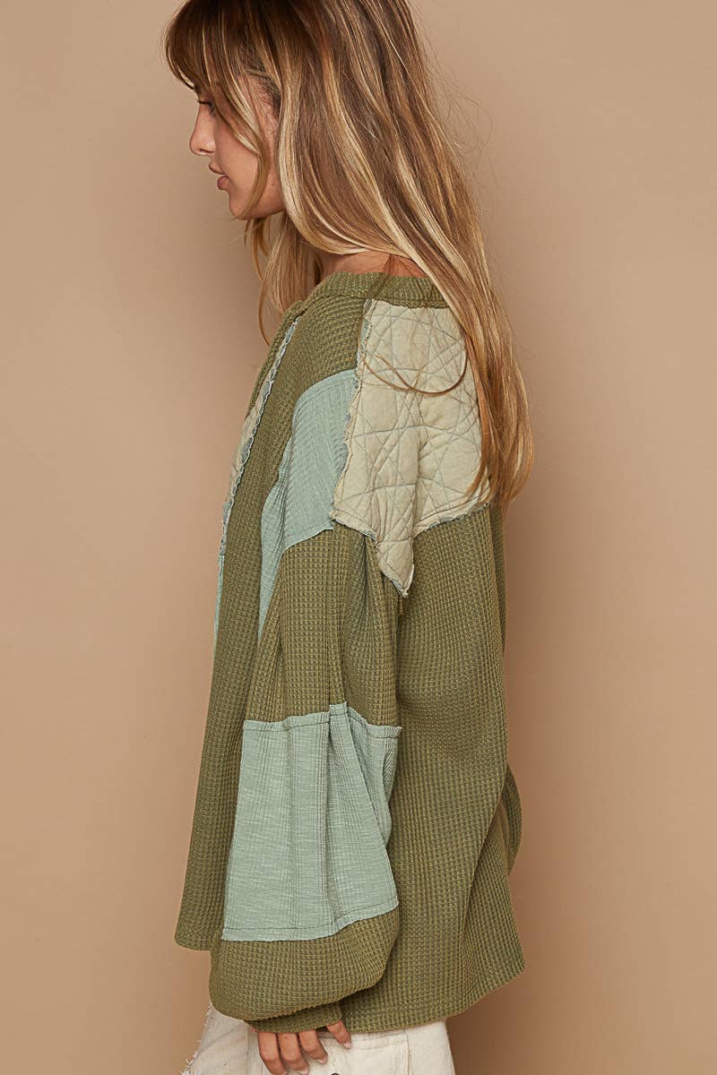 Round Neck Balloon Sleeve Thermal Contrast Knit Top