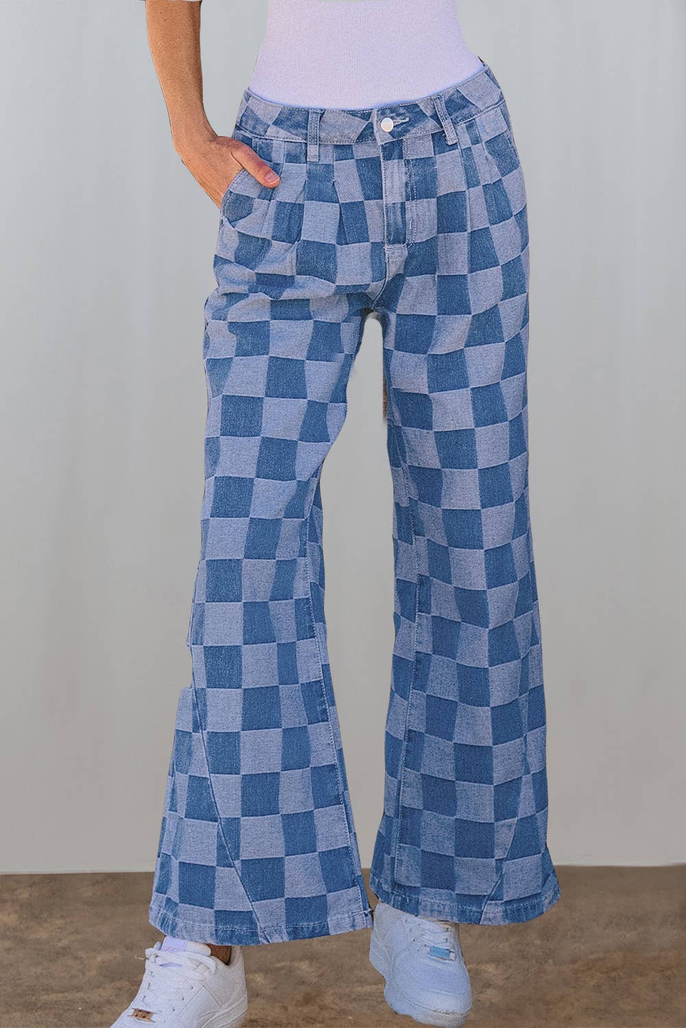 Checkered Wide Leg Denim Jeans