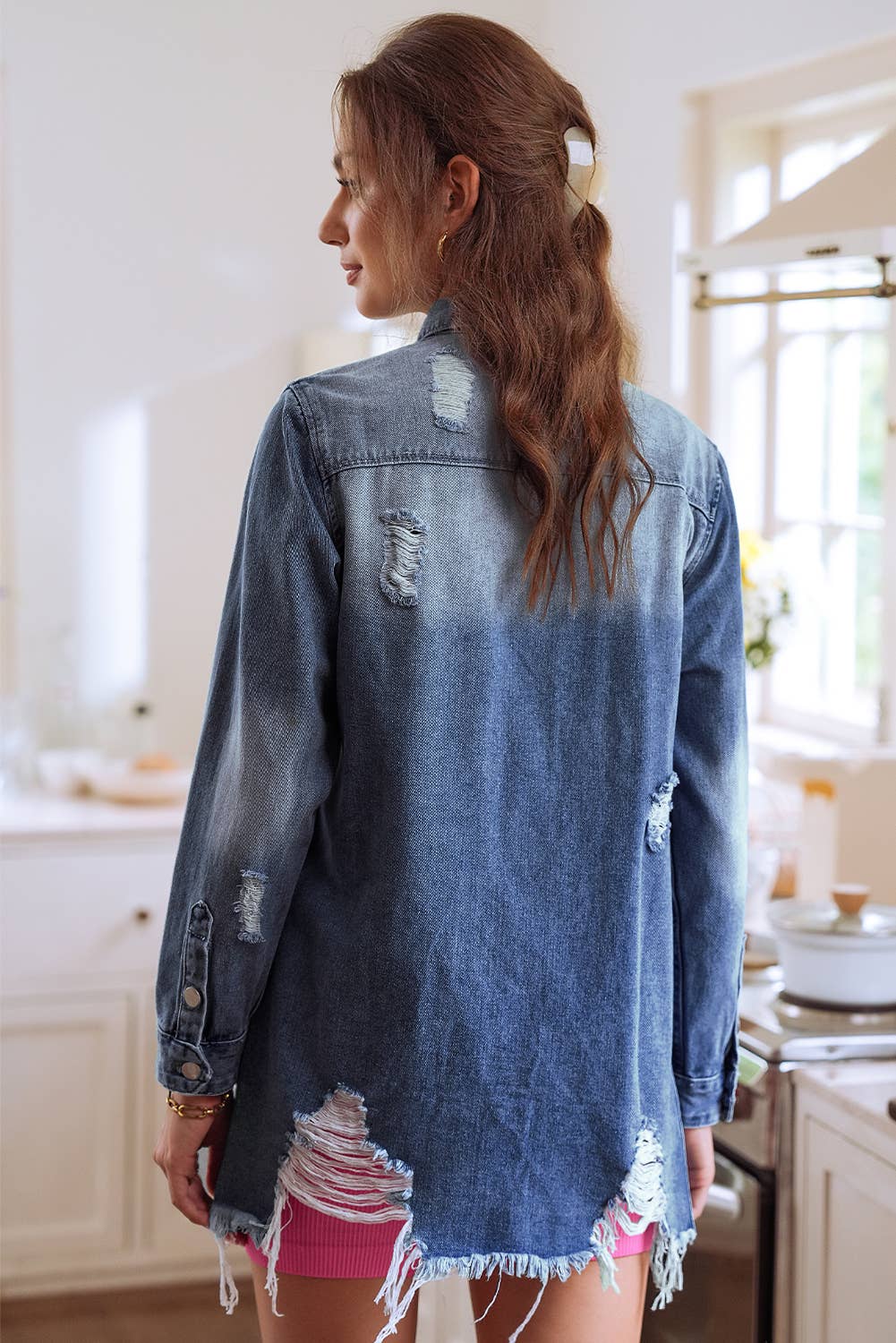Light Wash Distressed Frayed Long Denim Jacket