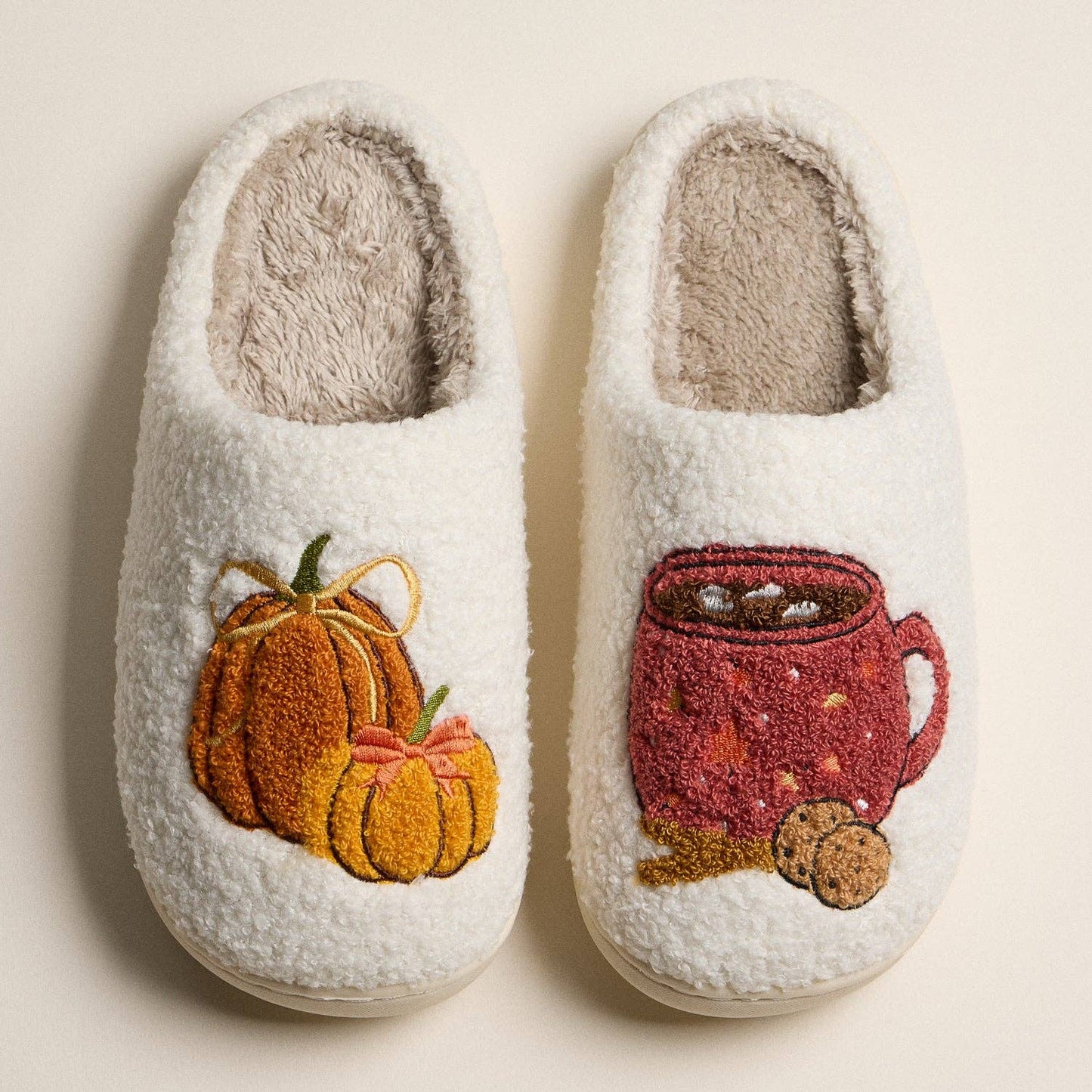 Fall Slippers with Pumpkin and Cocoa Mug Embroidery