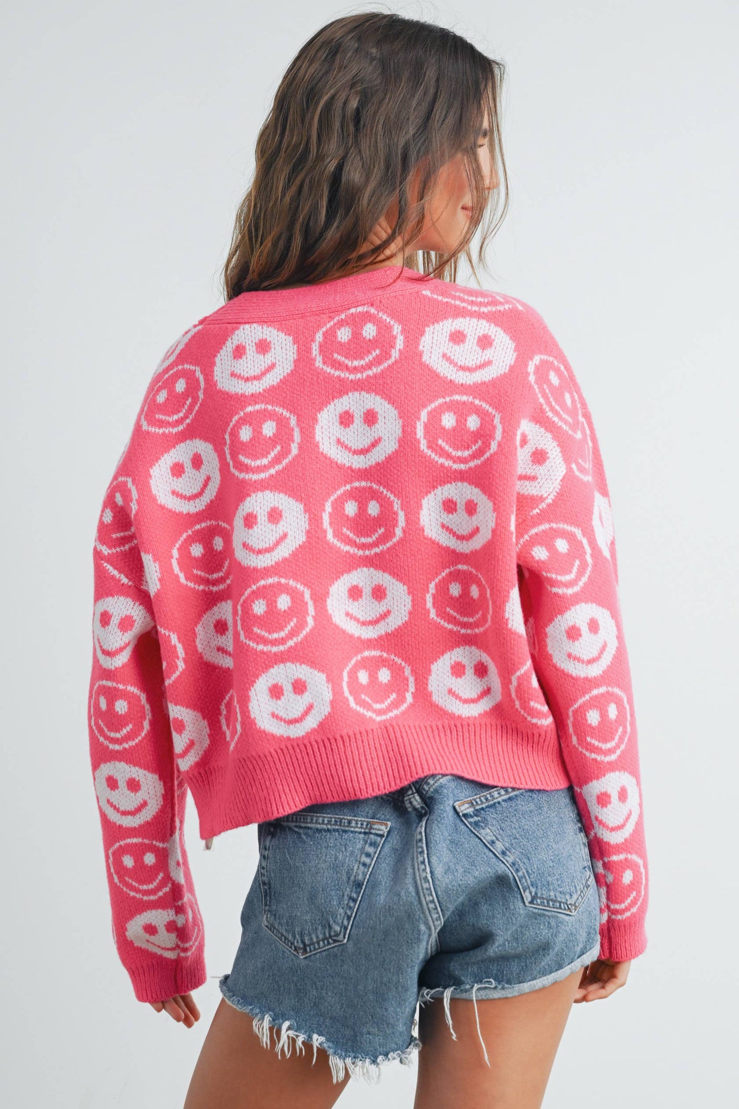 BMW7418 - SMILEY FACE RIBBED TRIM V-NECK CARDIGAN Blue