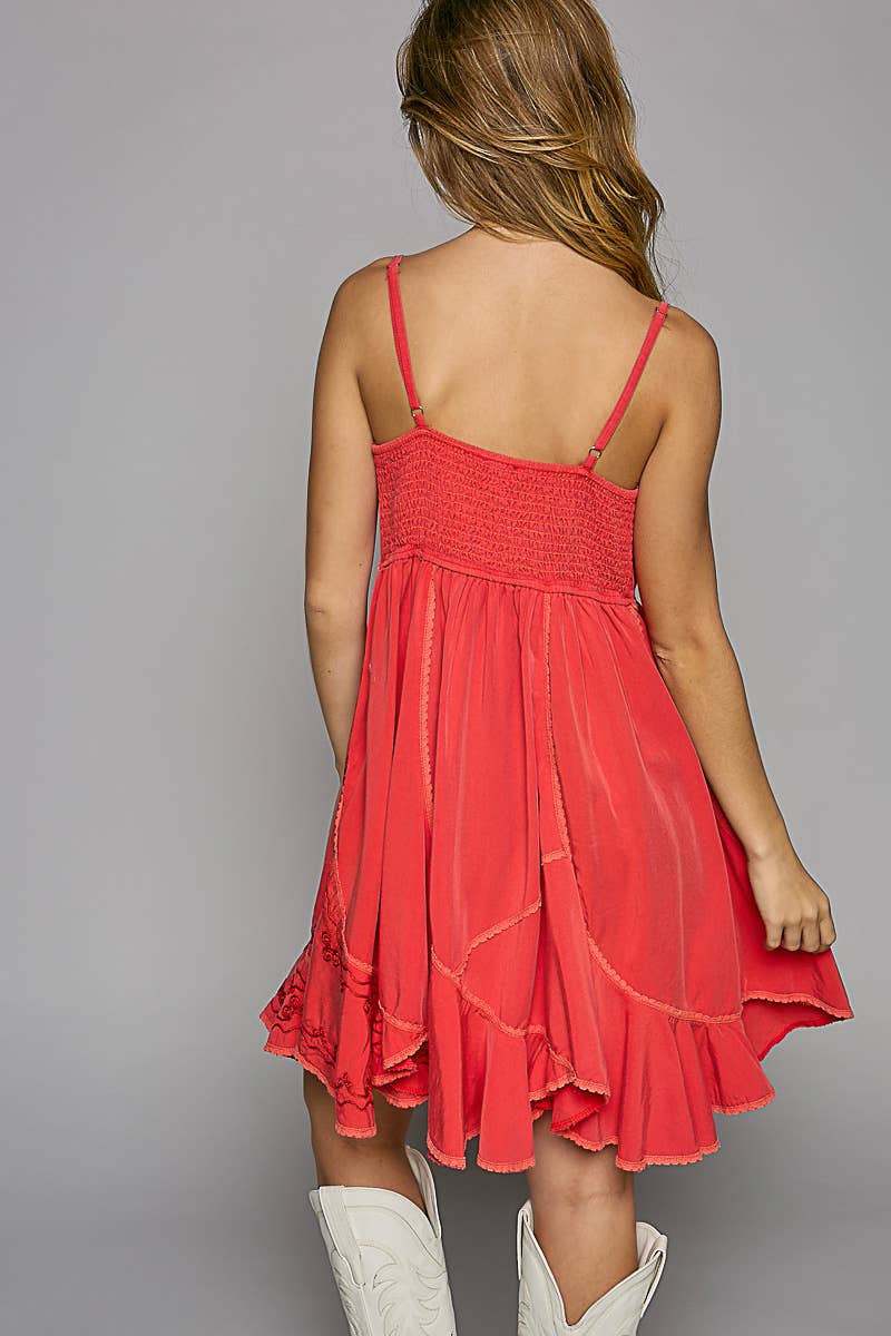 POL embroidery back smocking mini dress