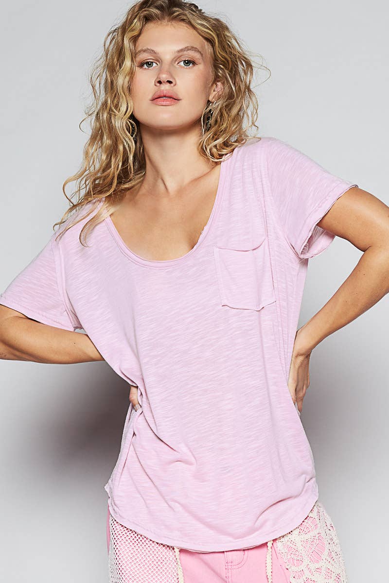POL Scoop Neck Rayon Slub Tee with Pocket Front and Short Sleeve