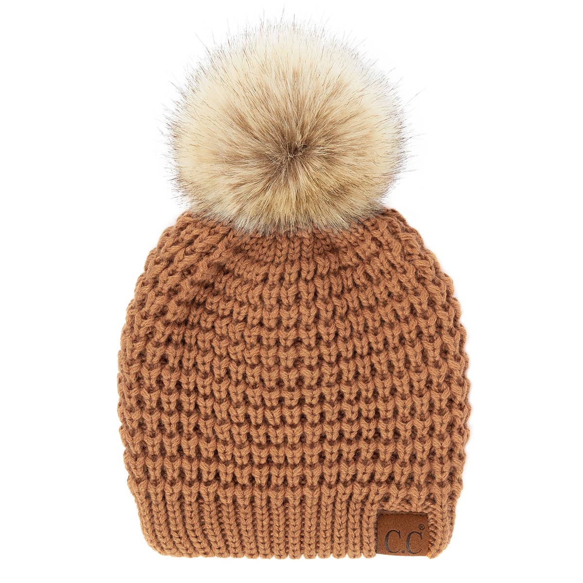 CC Cable Knit Faux Fur Pom Pom Beanie Hat