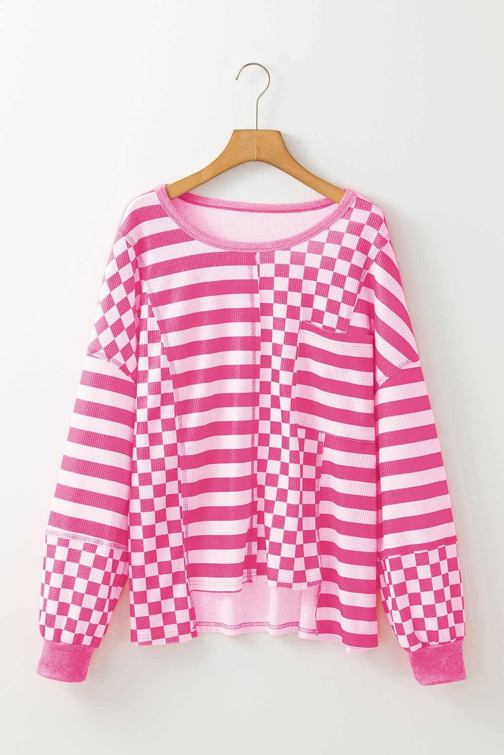 Checkered Striped Puff Long Sleeve Top