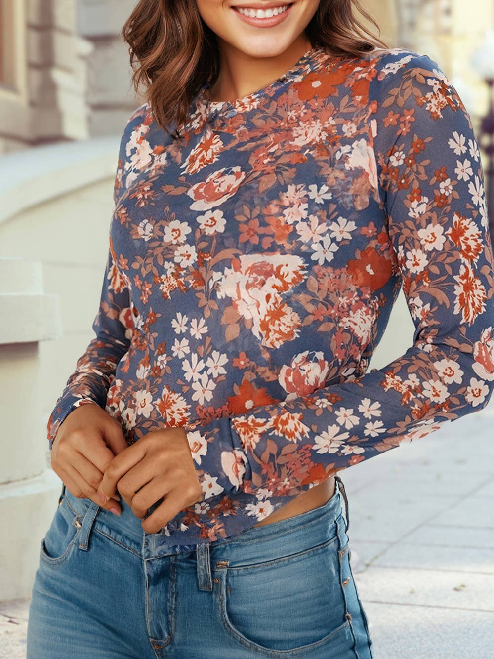 Floral Print Mesh Fitted Long Sleeve Top