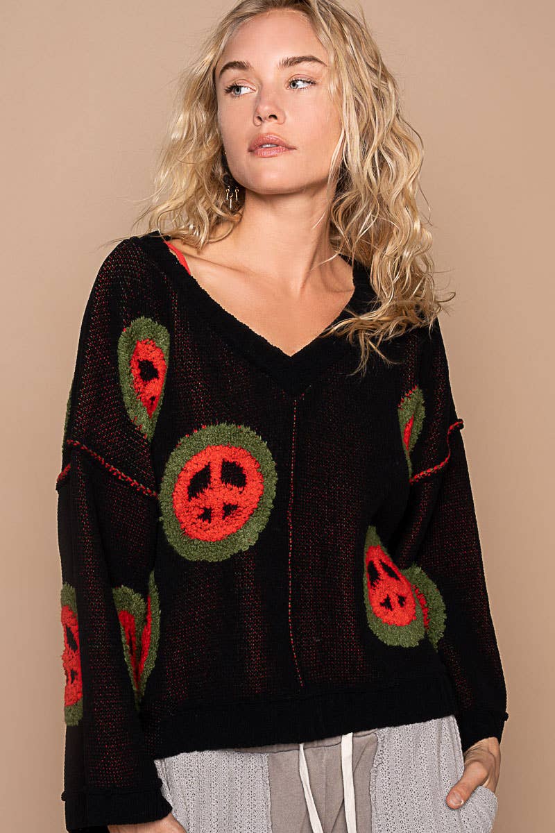 V neck long sleeve peace berber print sweater
