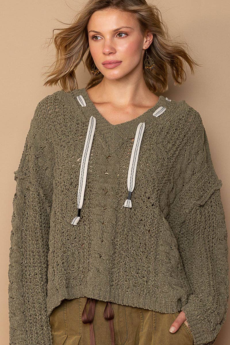 Oversize fit v-neck hooded cable knit chenille sweater