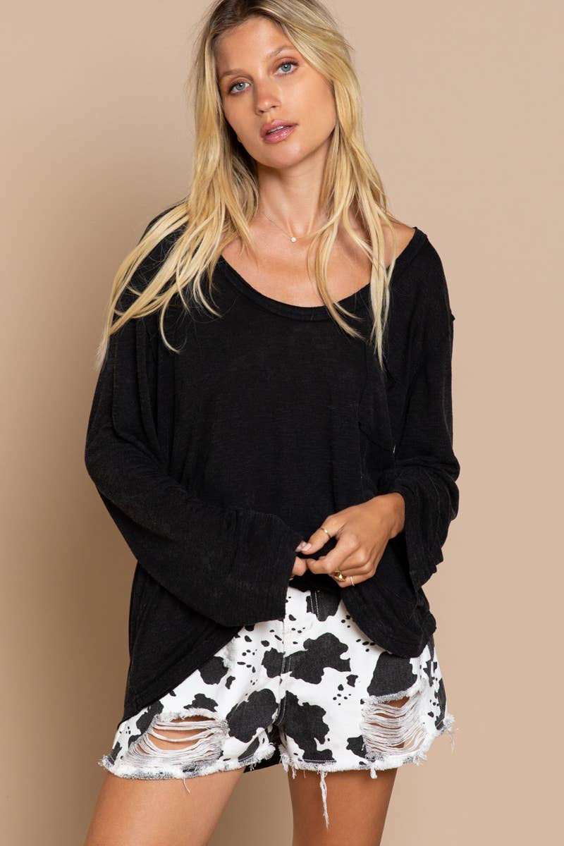 Pocket front long sleeve boat neck slub knit tee SALE