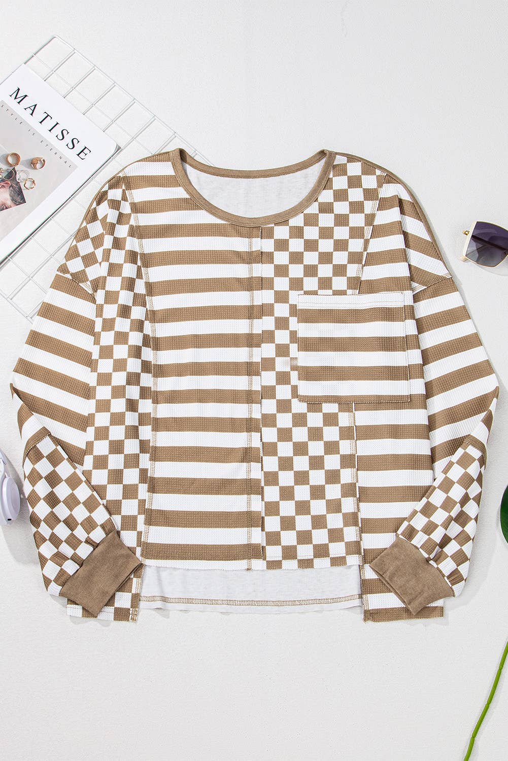 Checkered Striped Puff Long Sleeve Top