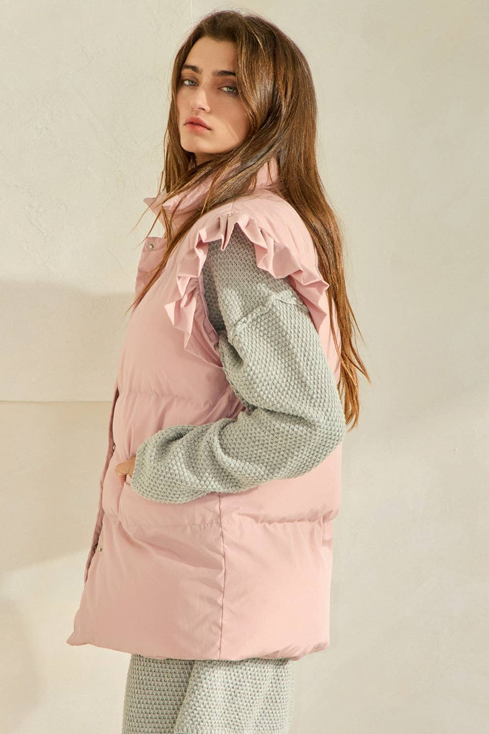 Ruffle Sleeve Down Vest