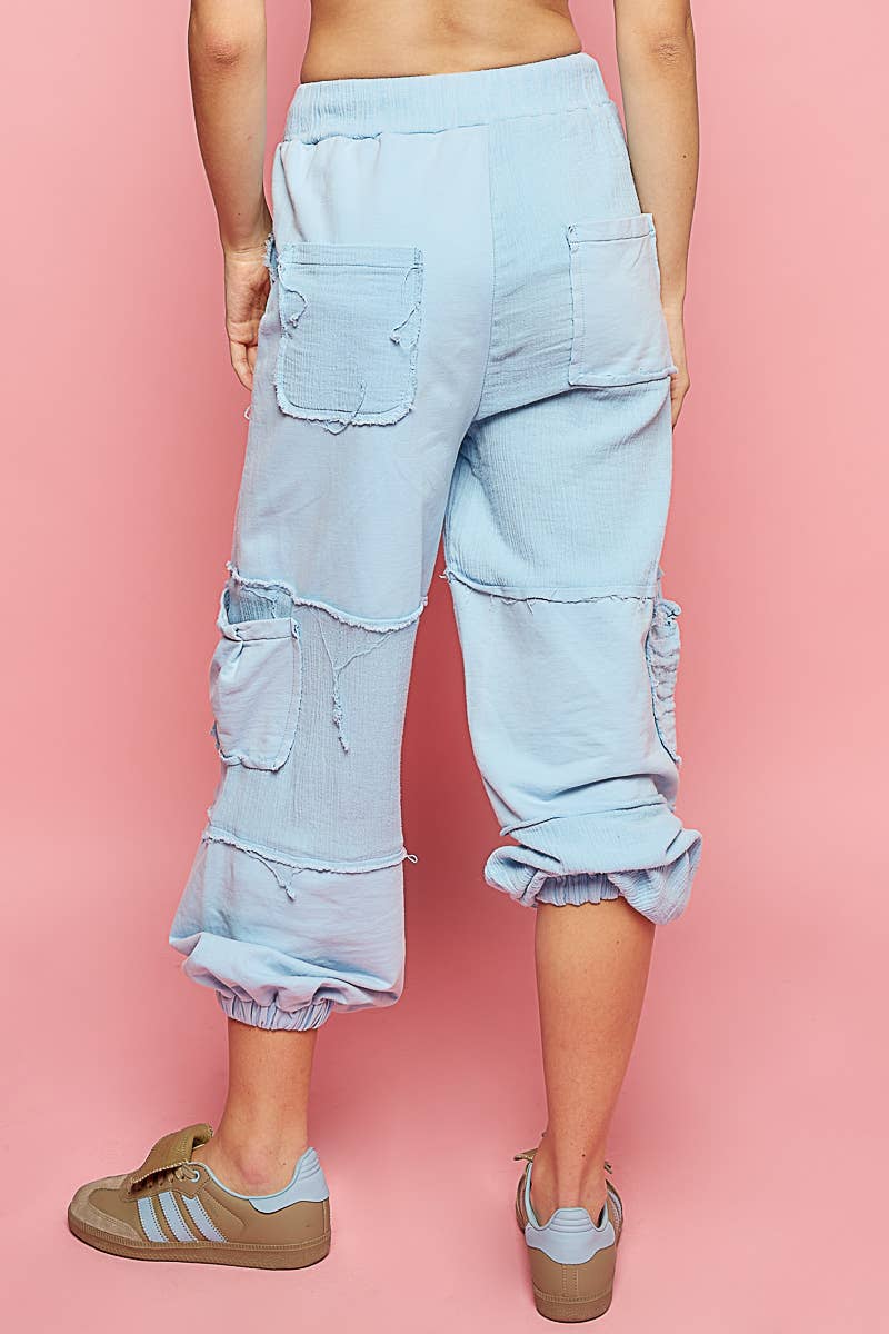 Contrast gauze open cargo pockets elastic waist joggers