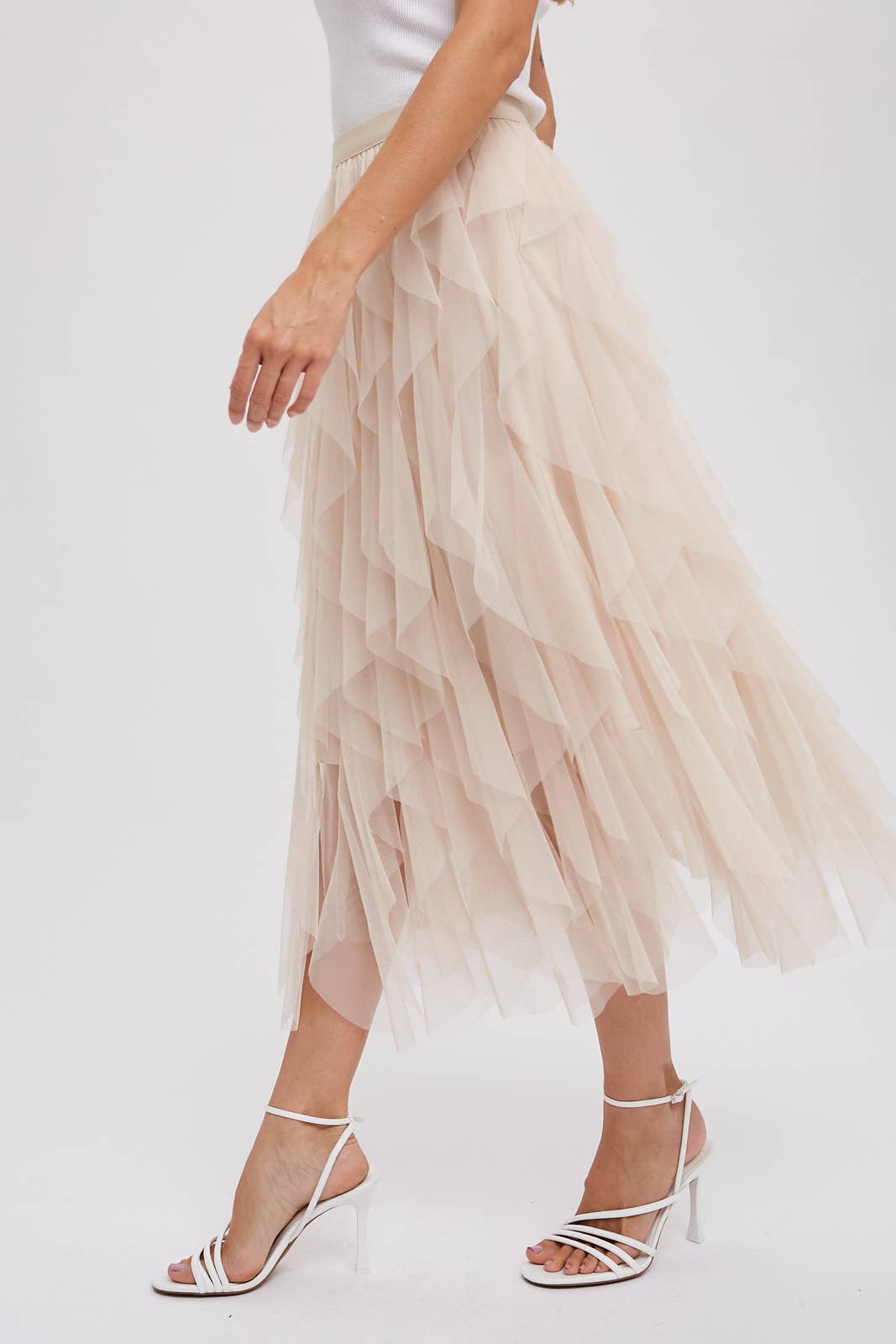 BluIvy SPIRIAL RUFFLED TULLE MIDI SKIRT