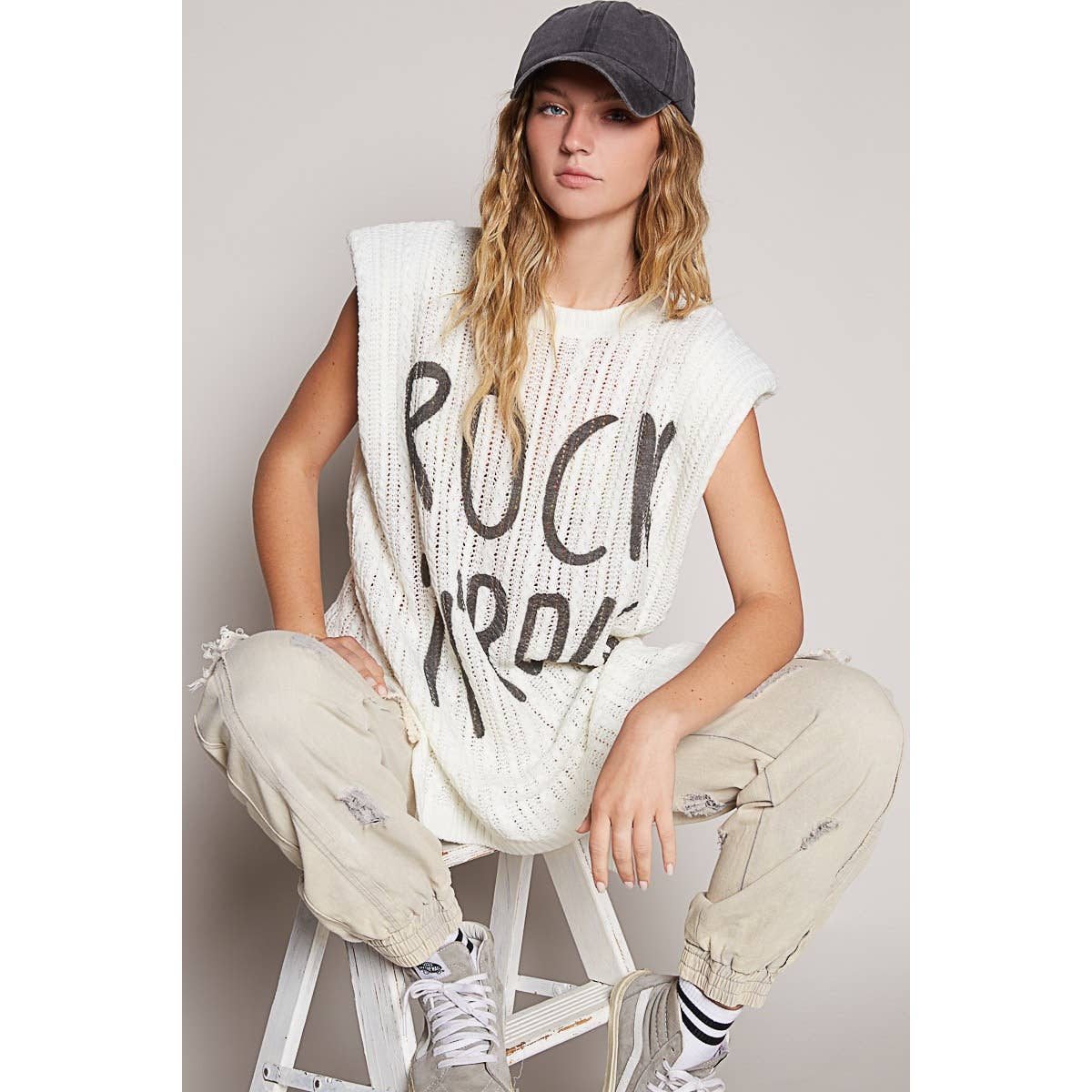Graphic lettering round sleeveless top